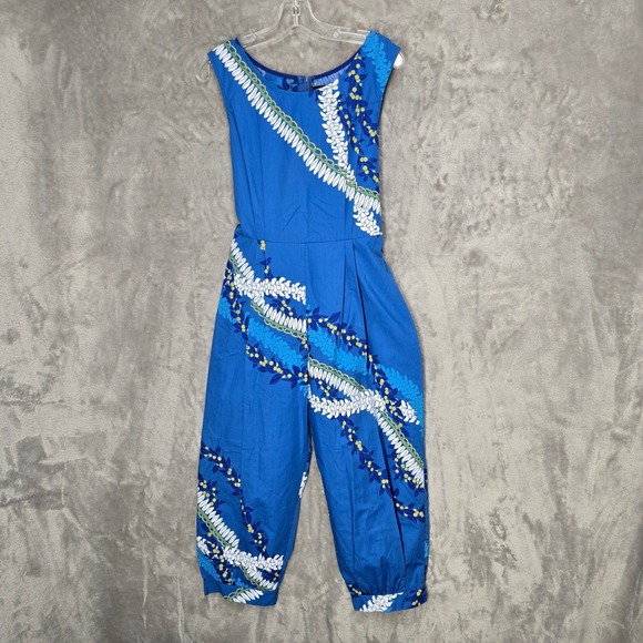 Lee's Fashion LLC Pants - Lee's‎ Fashion Jumpsuit Women M Blue Hawaiian Tropical Floral Lei Pockets Light